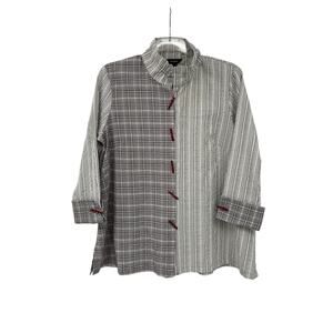 Ali Miles Tunic Top Blouse Gray White Striped Check Back Zipper Size XL